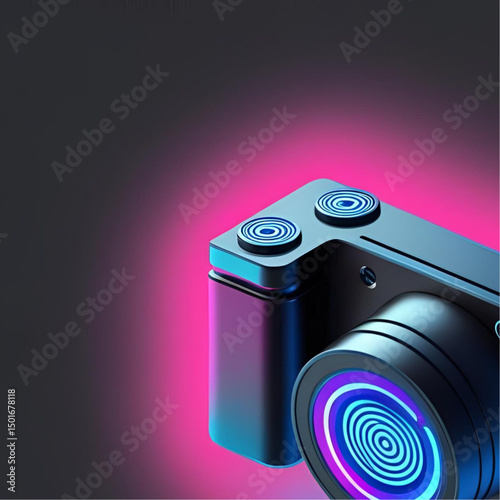 Futuristic 3D camera icon in isometric view with neon magenta and sky blue glow, holographic lens with rotating shutter symbols, matte black body, cyberpunk design on dark background