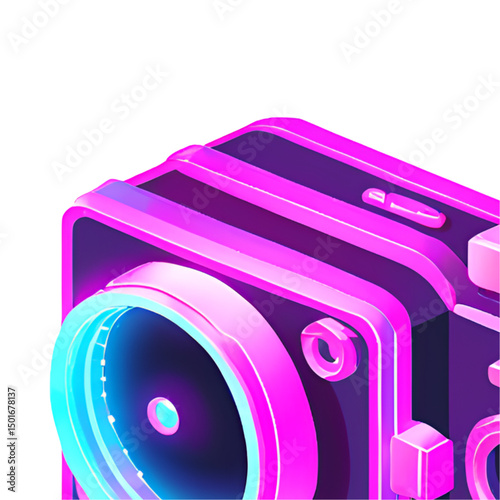 Futuristic 3D camera icon in isometric view with neon magenta and sky blue glow, holographic lens with rotating shutter symbols, matte black body, cyberpunk design on dark background