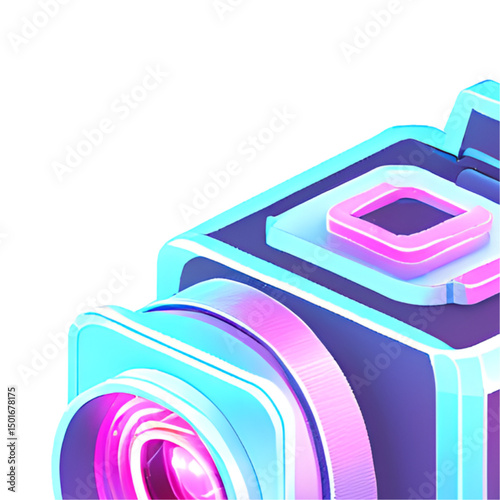Futuristic 3D camera icon in isometric view with neon magenta and sky blue glow, holographic lens with rotating shutter symbols, matte black body, cyberpunk design on dark background