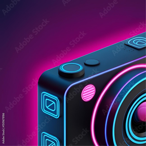 Futuristic 3D camera icon in isometric view with neon magenta and sky blue glow, holographic lens with rotating shutter symbols, matte black body, cyberpunk design on dark background