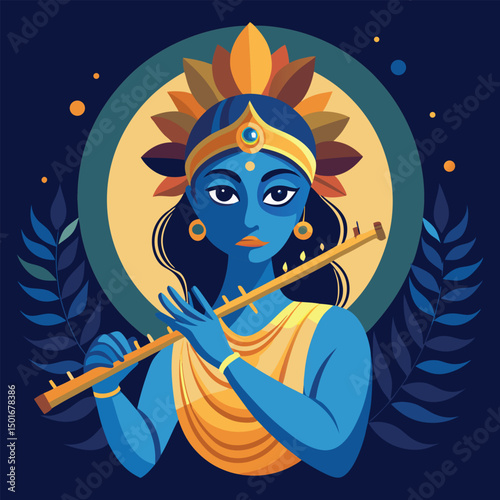 A serene depiction of Lord Krishna playing the flute, set against a dark background with a golden halo and a peacock feather adorning his crown vector