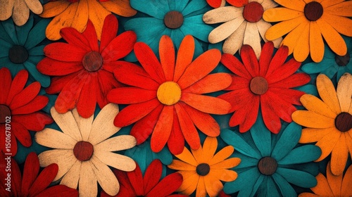 Bold Saturated Floral Background with Red Orange Yellow and Teal Flowers