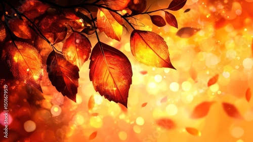 Calming Autumn Background with Red and Gold Leaves and Bokeh Lights