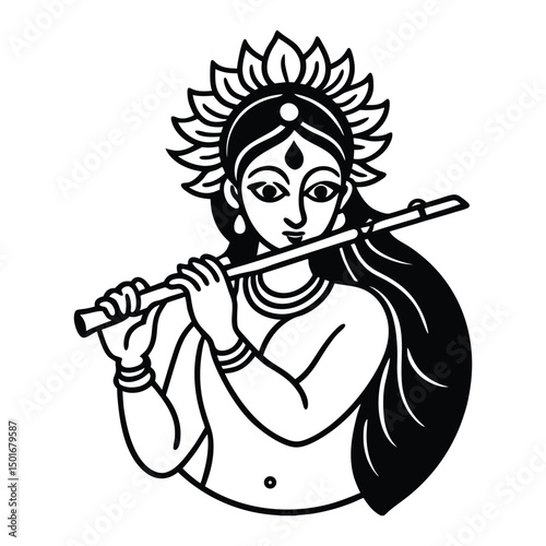 A serene depiction of Lord Krishna playing the flute, set against a dark background with a golden halo and a peacock feather adorning his crown vector