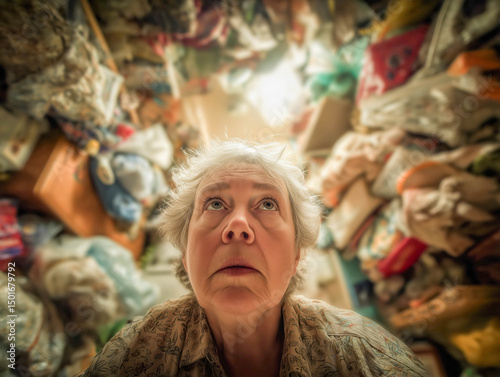Compulsive woman hoarder sat in their home