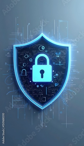 Cyber Shield: A digital shield icon, glows with a strong, secure, and reliable feeling, represents network security, symbolizing protection against cyber threats.