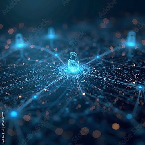 Cyber Fortress: A glowing padlock symbol at the heart of a complex digital network, evoking a sense of security, interconnectedness, and robust protection.