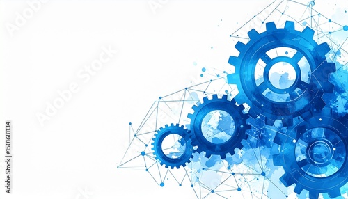 Gears engineering mechanics industrial watercolor concept. Abstract blue gears on a white background with geometric shapes.