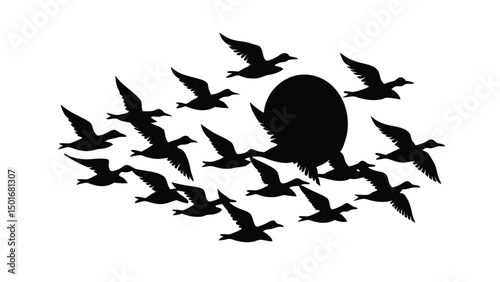 A flock of birds at sunset. Vector abstract silhouette of flying birds Pattern of sunrise and geese or ducks