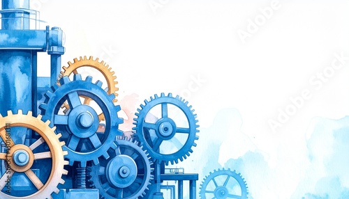 Gears engineering mechanics industrial watercolor concept. Industrial gears in blue and gold on a light background.