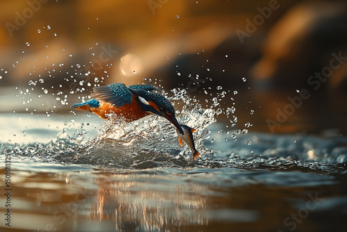 Kingfisher's aquatic plunge showcases vibrant feathers and skillful hunting prowess