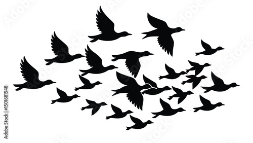 A flock of birds at sunset. Vector abstract silhouette of flying birds Pattern of sunrise and geese or ducks