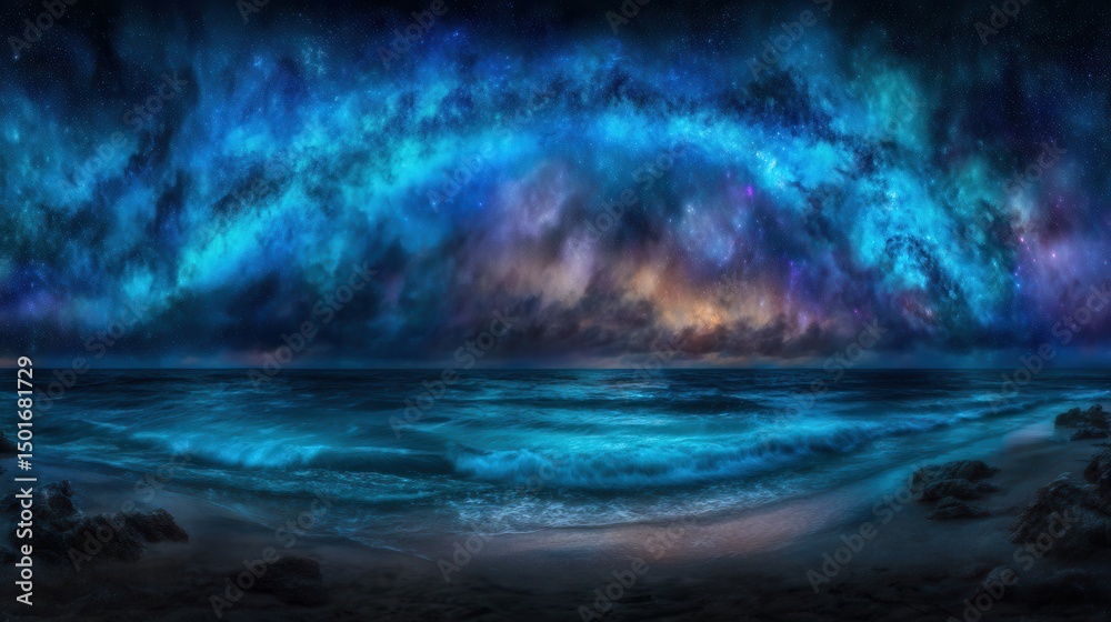 Fototapeta premium A vibrant panoramic view of a night beach scene with a spectacular celestial display