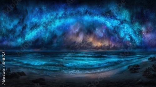 A vibrant panoramic view of a night beach scene with a spectacular celestial display