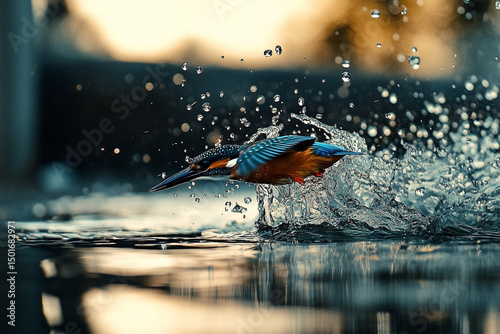 Kingfisher plunges into water with forceful splash and dynamic water droplets