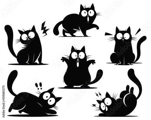 Funny black cats. Isolated crazy cat in different poses. Children stickers racy vector clipart