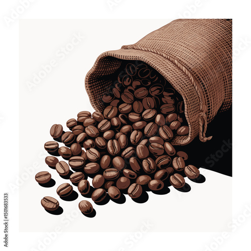 Roasted coffee beans spilling from burlap sack