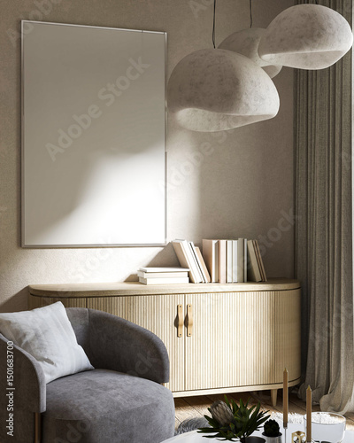 Close-up of modern minimalist corner with armchair, hanging lights, books, and wooden cabinet. Warm and elegant home decor style for lifestyle and interior themes. 3D render