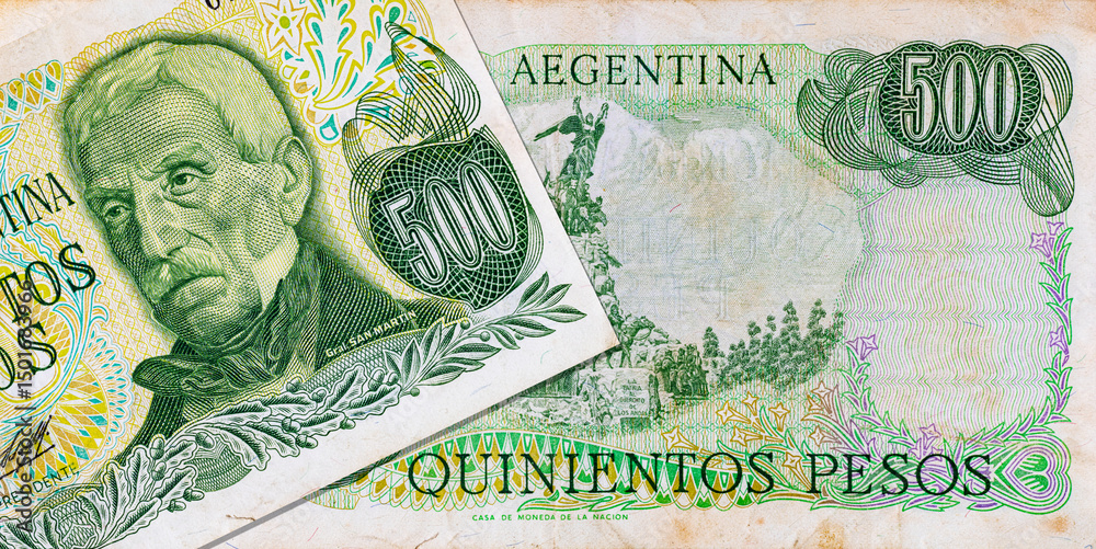 Fototapeta premium 500 peso banknote of Argentina with Monument to the Army of the Andes in Cerro de la Gloria at Mendoza. Vintage paper money of Argentina. Fragment of the banknote for design.