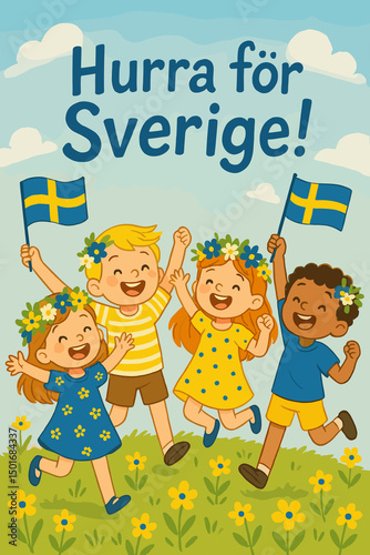 Joyful children's illustration of kids celebrating Sweden's National Day, waving Swedish flags with flower crowns and smiling faces, text 