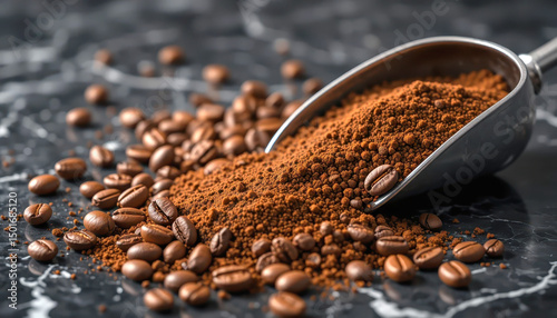 aromatic brown coffee beans scattered with ground coffee in a scoop on a textured black background