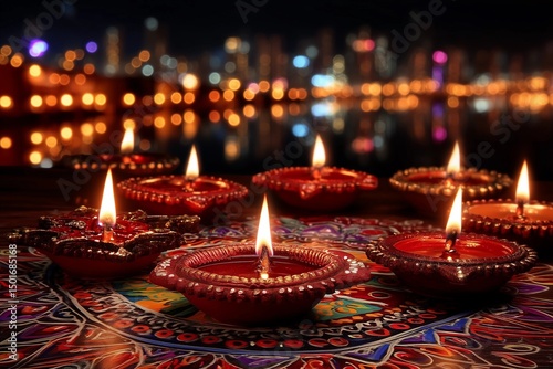 Festive Diwali: illuminated diyas cast warm, golden light in an anonymized home courtyard. Layers of light, bokeh background evoke joy, community, light's triumph.