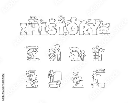 History education, school subject. History class icons with books, ancient documents, scroll and feather. Cute doodle men learning school lessons, vector hand drawn illustration