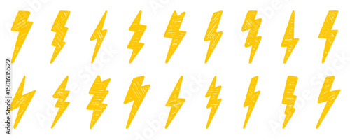 Crayon thunder doodle set. Chalk pencil lightning in sketch style. Hand drawn vector illustration isolated on white background.