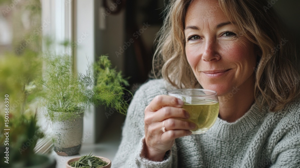 Middle-aged woman with a warm smile, enjoying a moment of relaxation holding a cup of tea Middle-aged woman with a warm smile, enjoying a moment of relaxation holding a cup of tea