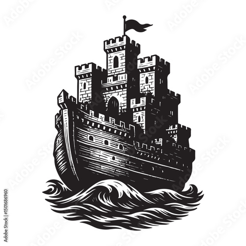 Floating Fortress Ship Silhouette – Massive Vessel with Castle-Like Turrets and Defensive Structures
