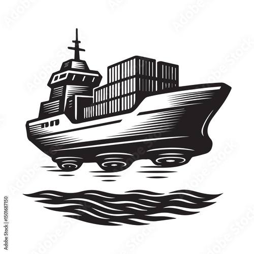 Hovering Cargo Ship Silhouette – Futuristic Freighter Levitating Above Water in Black and White

