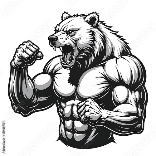 Cartoon bear with ripped muscular body in aggressive fighter stance for sports logo high resolution picture photo