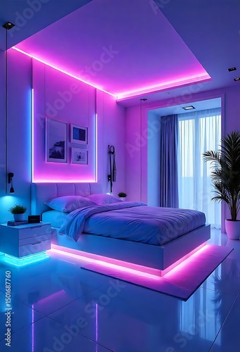 Stylish bedroom with neon blue and pink lights and minimalist urban decor high resolution picture