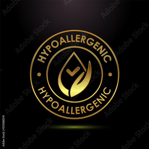 Hypoallergenic tested icon design illustration. Cosmetic certification label sign in gold color style