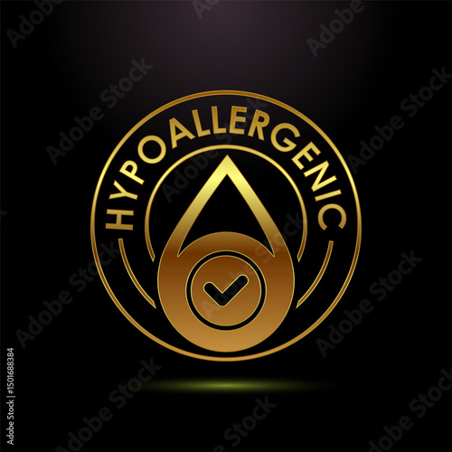 Hypoallergenic tested icon design illustration. Cosmetic certification label sign in gold color style