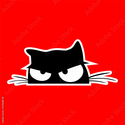 Grumpy Cartoon Cat Peeking with Angry Eyes on Red Background
