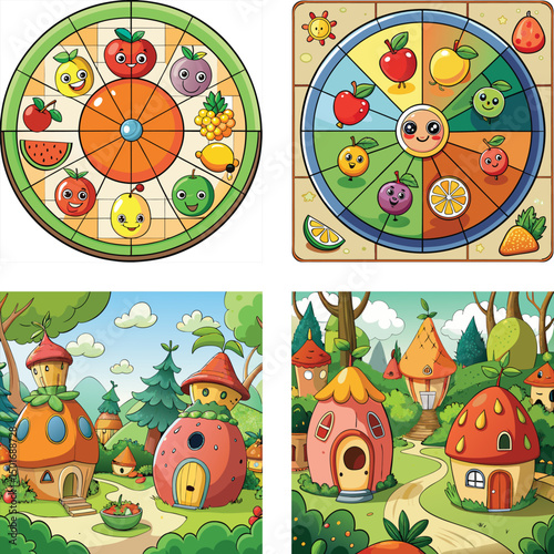Cartoon Fruit Puzzles And Playful Fruit Houses In A Whimsical Landscape