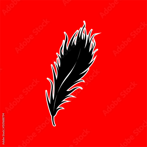 Black Feather Silhouette with Flames on Red Background
