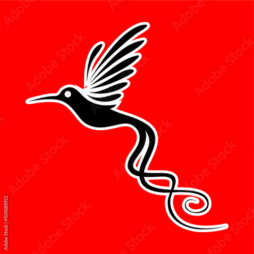 Elegant Black Hummingbird Silhouette with Swirl Tail on Red Background
