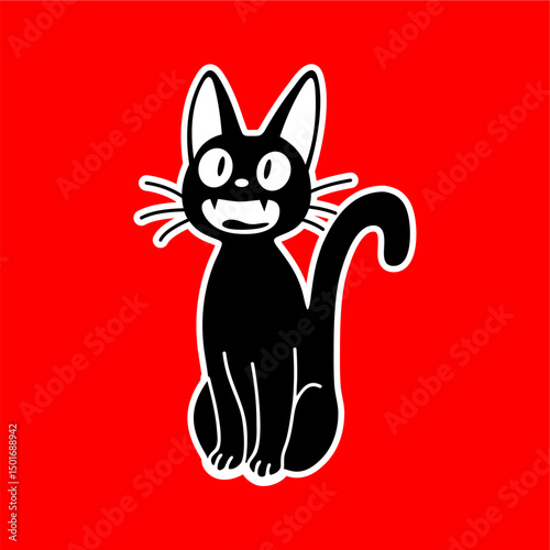Cute Black Cartoon Cat with Fangs on Red Background
