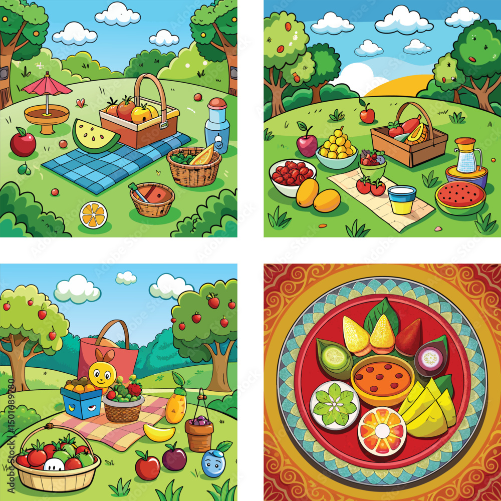 Obraz premium Cartoon Picnic Illustration Featuring Baskets Food Fruit And Playful Characters In Varied Settings