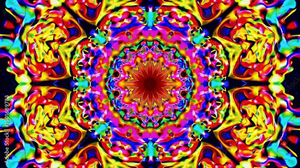 Visually hypnotic motion background featuring bubbling orange pepper transforming geometric kaleidoscopic shapes dark backdrop food themed VJ visuals