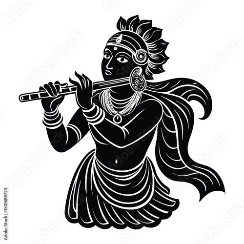 Watercolor card illustration for janmashtami with lord krishna silhouette playing flute vector ,
