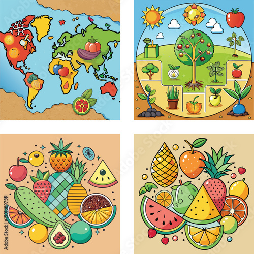 Cartoon Images Depicting Fruit Agriculture World Map And Plants Lifecycle