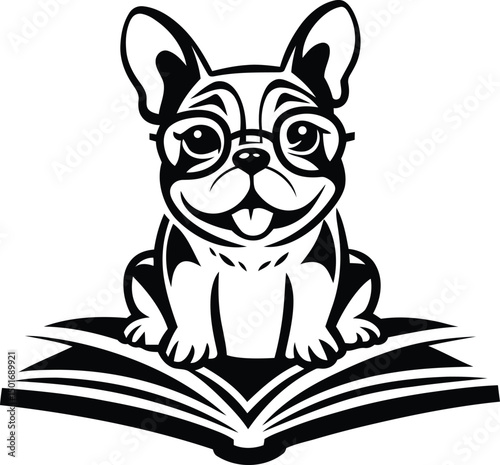 French Bulldog wearing glasses and sitting on an open book silhouette vector art, Bulldog with book line art vector illustration, French Bulldog wearing glasses and sitting on an open book vector icon