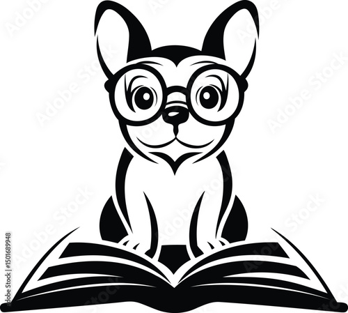 French Bulldog wearing glasses and sitting on an open book silhouette vector art, Bulldog with book line art vector illustration, French Bulldog wearing glasses and sitting on an open book vector icon