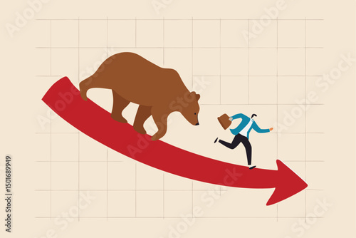 Bear market, stock decline by economic crisis, recession or bubble burst, crypto currency price going down concept, businessman investor sell all stocks and run away from bear on red decline graph.