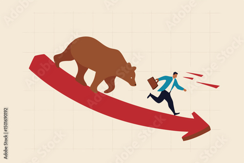 Bear market, stock decline by economic crisis, recession or bubble burst, crypto currency price going down concept, businessman investor sell all stocks and run away from bear on red decline graph.