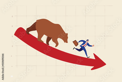 Bear market, stock decline by economic crisis, recession or bubble burst, crypto currency price going down concept, businessman investor sell all stocks and run away from bear on red decline graph.