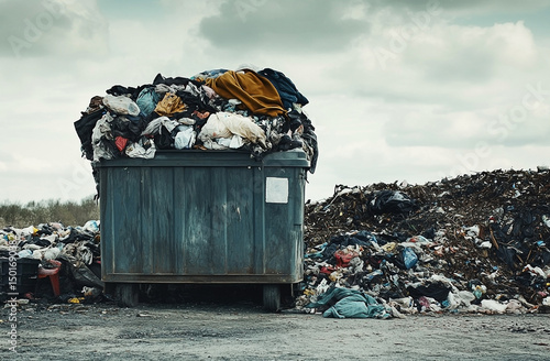Overflowing dumpster and vast landfill depicting ecological distress and pollution